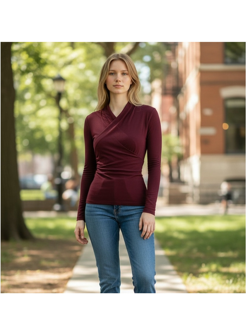 OGL Top Size XS NEW Ruby Red Maroon Surplice Long Sleeve Top V Neck Stretch